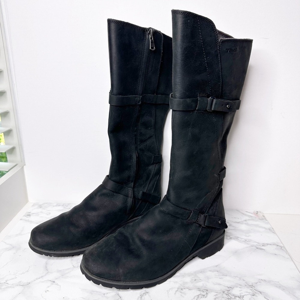 Teva De La Vina Waterproof Tall Boots Women 8 Black  Leather Tall Buckle